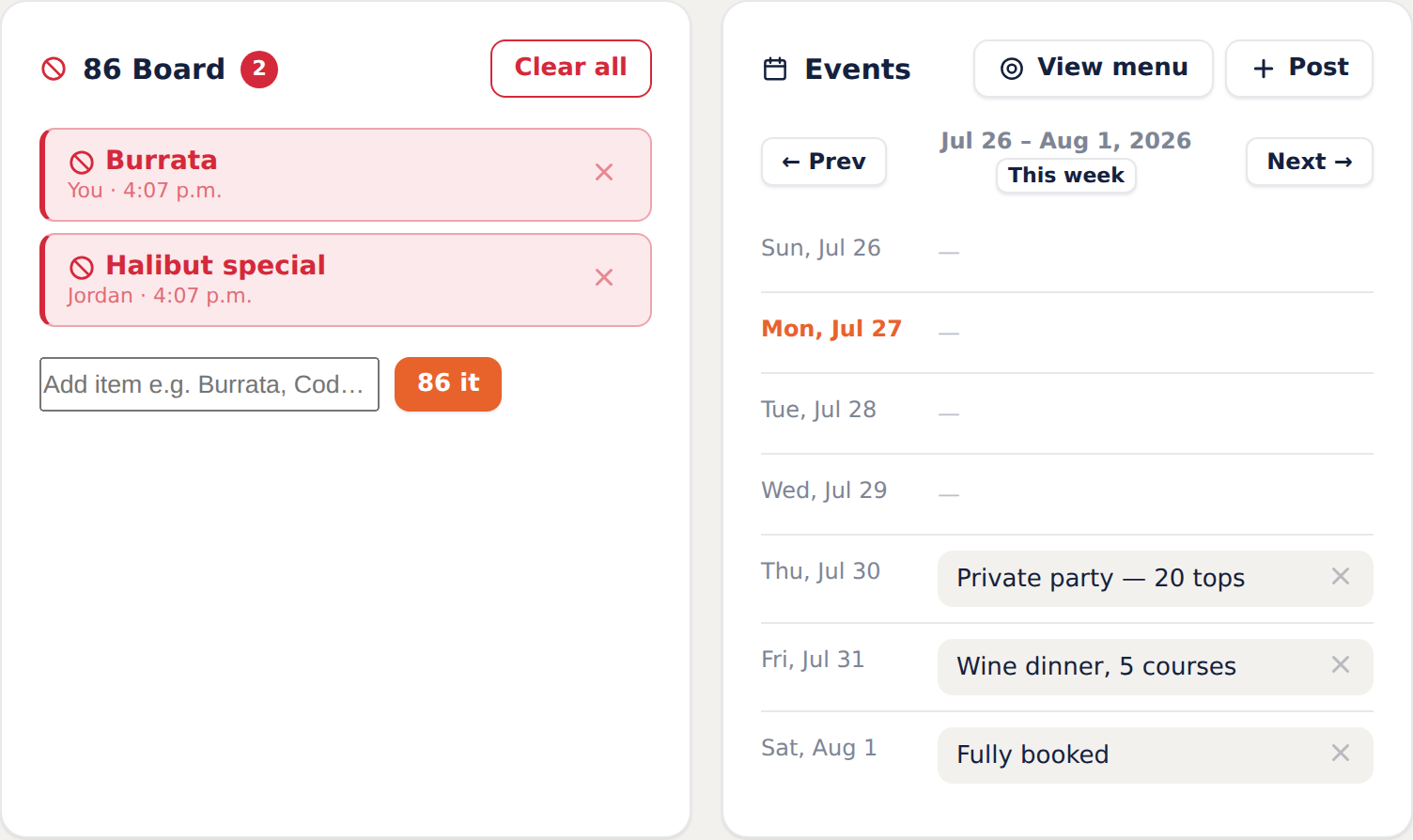 The Pass dashboard showing the 86 board and weekly events