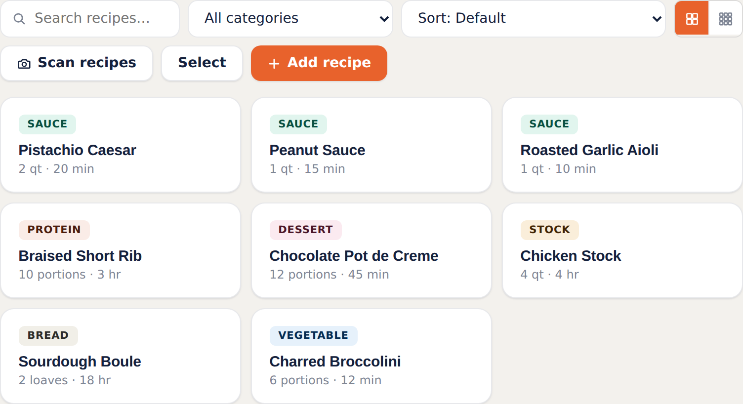 Recipe grid organized by category